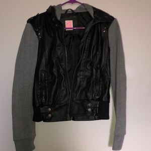 Leather jacket with fabric sleeves